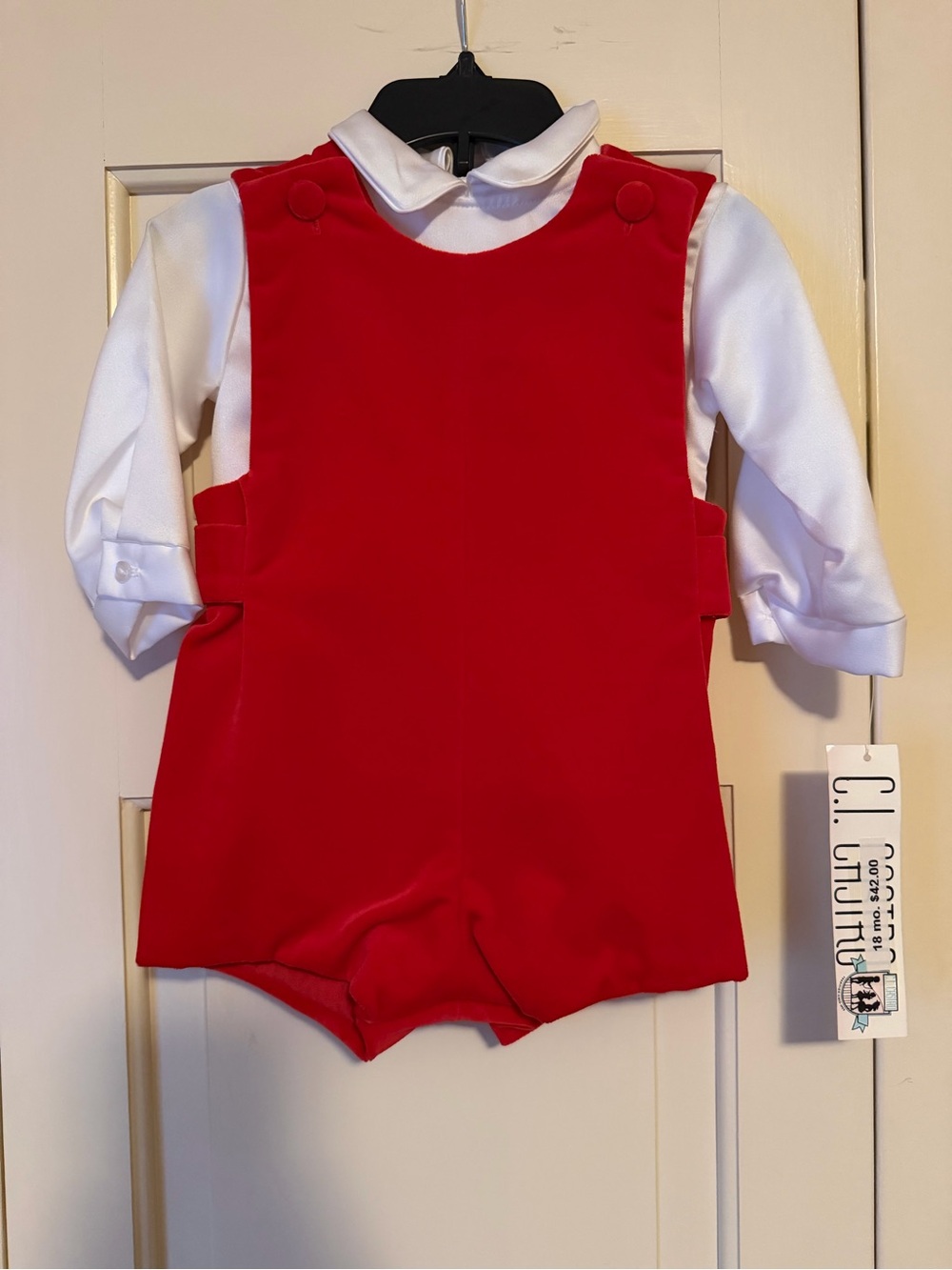 Vintage Red Velvet Boys' Pinafore Romper with White Shirt
